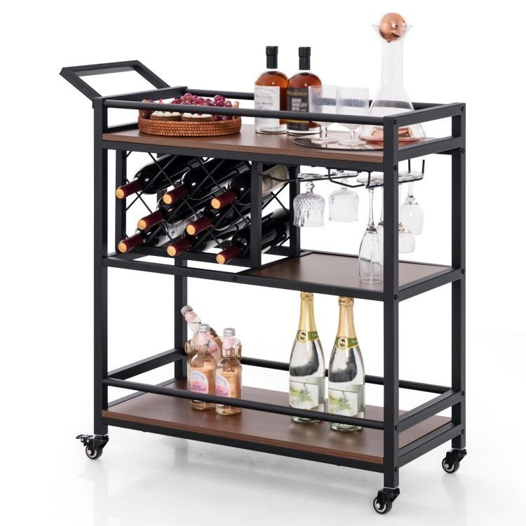 3 - tier Bar Cart on Wheels Home Kitchen Serving Cart with Wine Rack and Glasses Holder - Comfortable Living Decor
