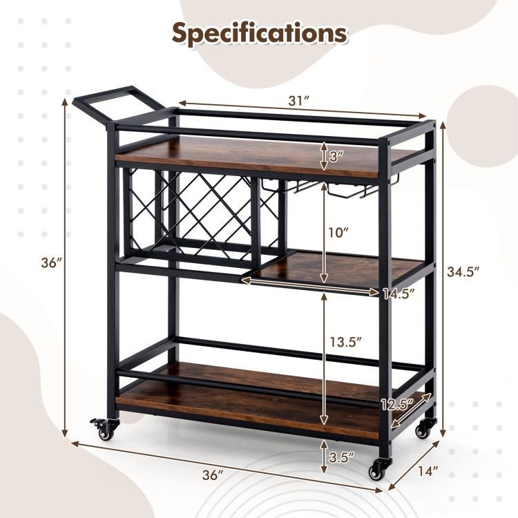 3 - tier Bar Cart on Wheels Home Kitchen Serving Cart with Wine Rack and Glasses Holder - Comfortable Living Decor