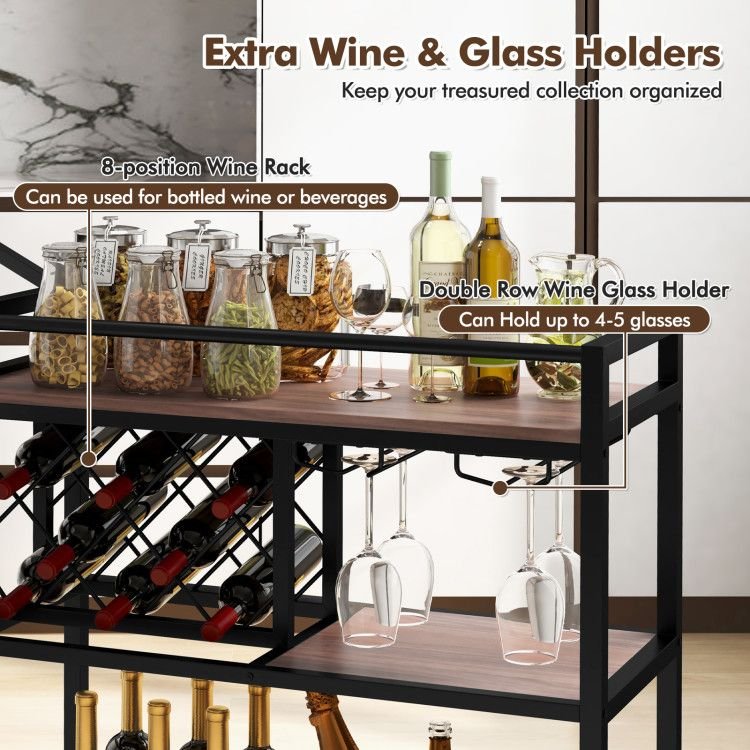 3 - tier Bar Cart on Wheels Home Kitchen Serving Cart with Wine Rack and Glasses Holder - Comfortable Living Decor