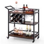 3 - tier Bar Cart on Wheels Home Kitchen Serving Cart with Wine Rack and Glasses Holder - Comfortable Living Decor