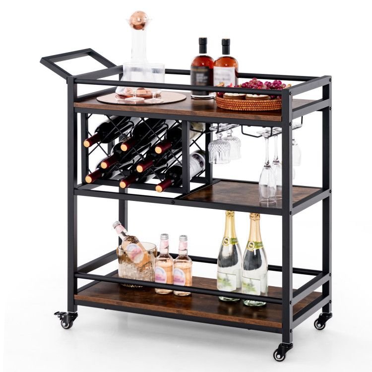 3 - tier Bar Cart on Wheels Home Kitchen Serving Cart with Wine Rack and Glasses Holder - Comfortable Living Decor