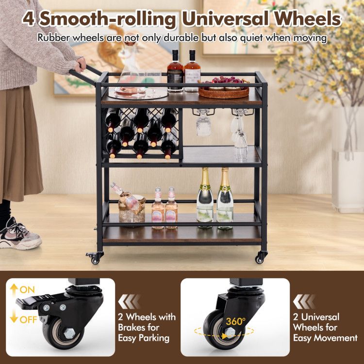 3 - tier Bar Cart on Wheels Home Kitchen Serving Cart with Wine Rack and Glasses Holder - Comfortable Living Decor