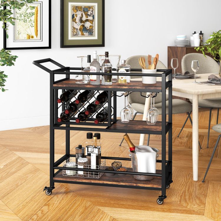 3 - tier Bar Cart on Wheels Home Kitchen Serving Cart with Wine Rack and Glasses Holder - Comfortable Living Decor