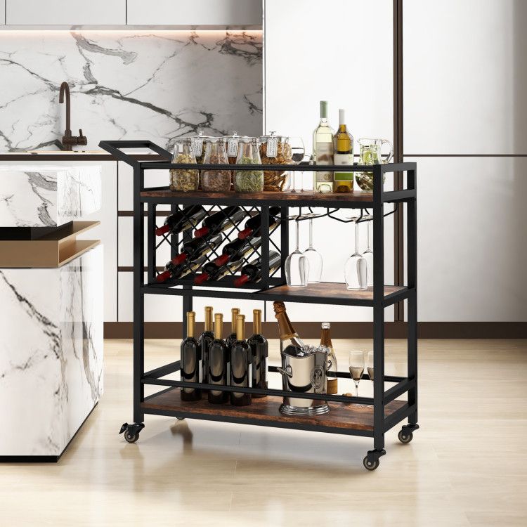 3 - tier Bar Cart on Wheels Home Kitchen Serving Cart with Wine Rack and Glasses Holder - Comfortable Living Decor