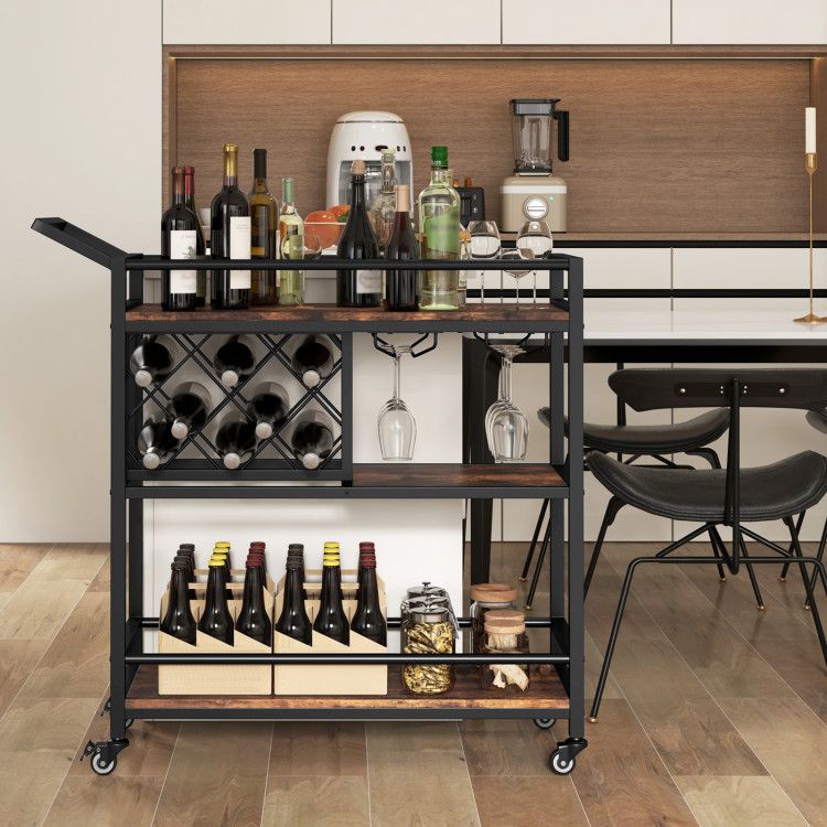 3 - tier Bar Cart on Wheels Home Kitchen Serving Cart with Wine Rack and Glasses Holder - Comfortable Living Decor