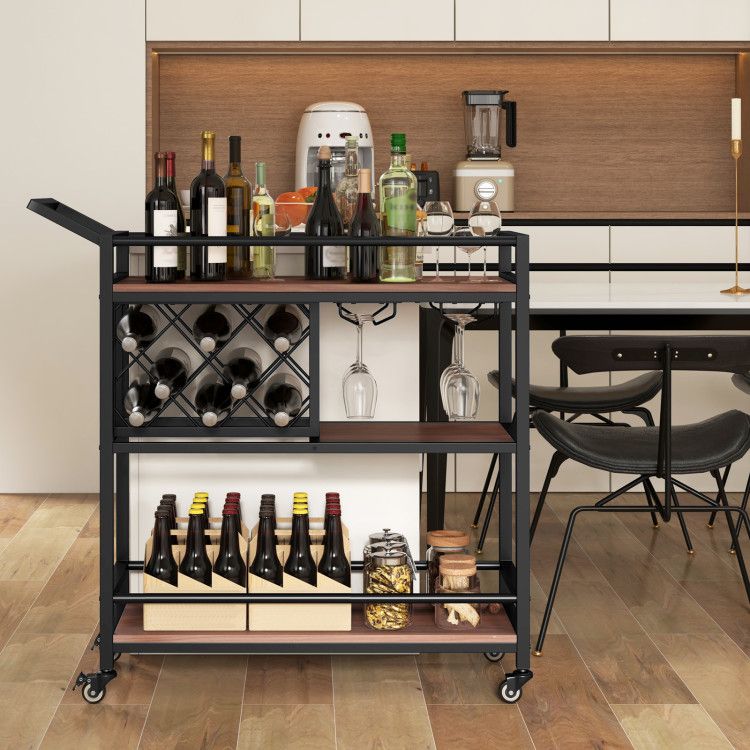 3 - tier Bar Cart on Wheels Home Kitchen Serving Cart with Wine Rack and Glasses Holder - Comfortable Living Decor