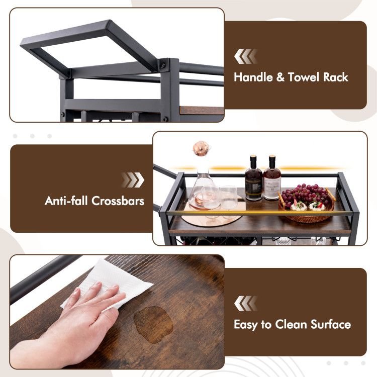 3 - tier Bar Cart on Wheels Home Kitchen Serving Cart with Wine Rack and Glasses Holder - Comfortable Living Decor