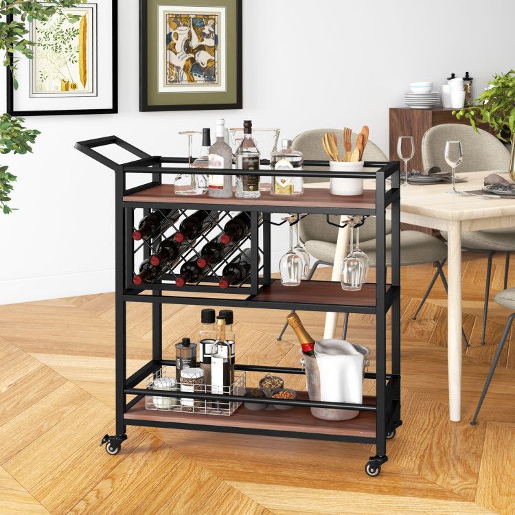 3 - tier Bar Cart on Wheels Home Kitchen Serving Cart with Wine Rack and Glasses Holder - Comfortable Living Decor