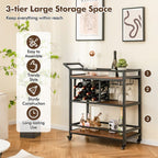 3 - tier Bar Cart on Wheels Home Kitchen Serving Cart with Wine Rack and Glasses Holder - Comfortable Living Decor