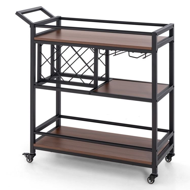 3 - tier Bar Cart on Wheels Home Kitchen Serving Cart with Wine Rack and Glasses Holder - Comfortable Living Decor