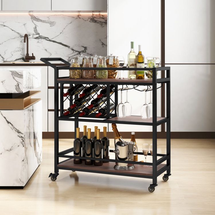 3 - tier Bar Cart on Wheels Home Kitchen Serving Cart with Wine Rack and Glasses Holder - Comfortable Living Decor