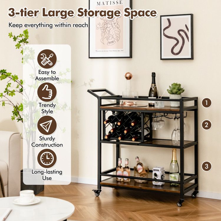 3 - tier Bar Cart on Wheels Home Kitchen Serving Cart with Wine Rack and Glasses Holder - Comfortable Living Decor
