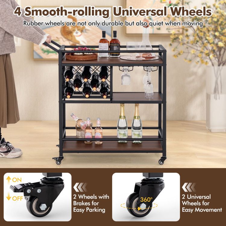 3 - tier Bar Cart on Wheels Home Kitchen Serving Cart with Wine Rack and Glasses Holder - Comfortable Living Decor