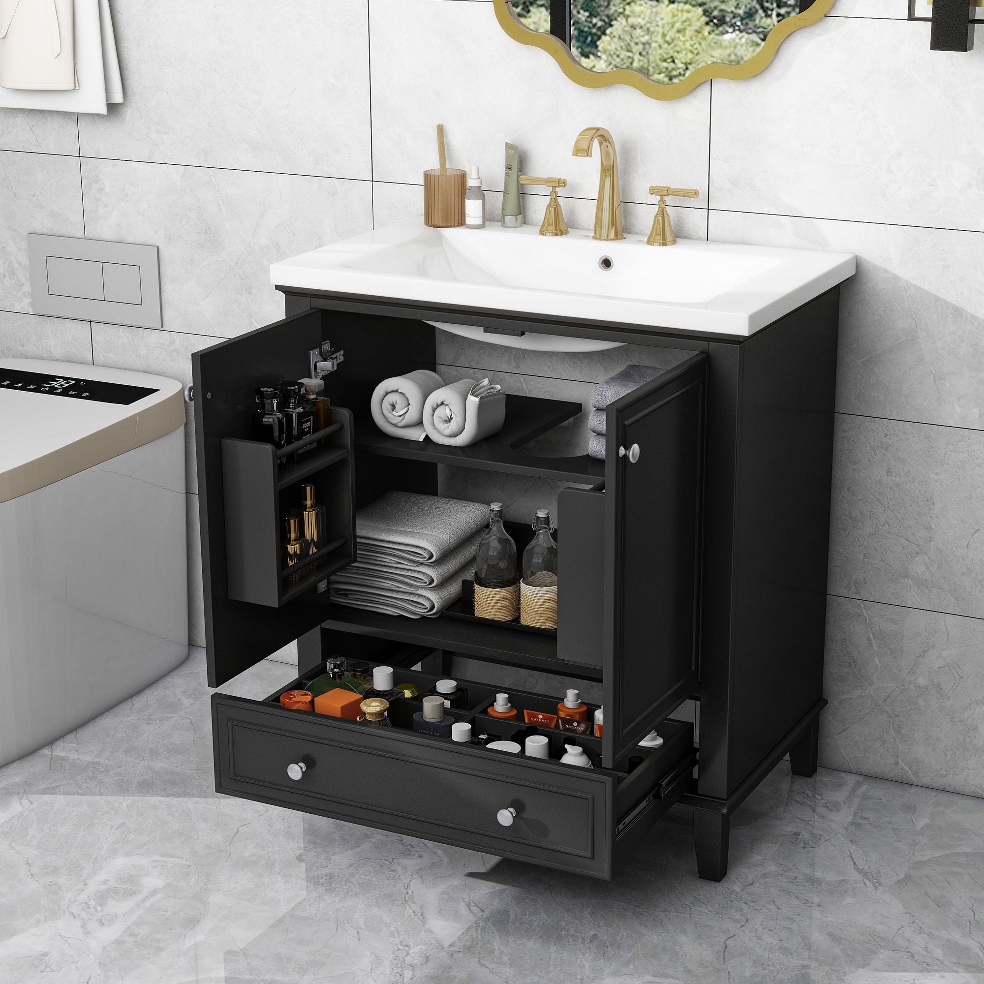 30" Bathroom Vanity with Sink Combo, Multi - functional Bathroom Cabinet with Doors and Drawer, Solid Frame and MDF Board - Comfortable Living Decor