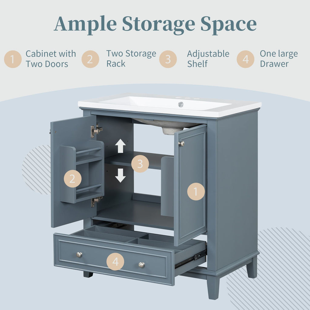 30" Bathroom Vanity with Sink Combo, Multi - functional Bathroom Cabinet with Doors and Drawer, Solid Frame and MDF Board - Comfortable Living Decor