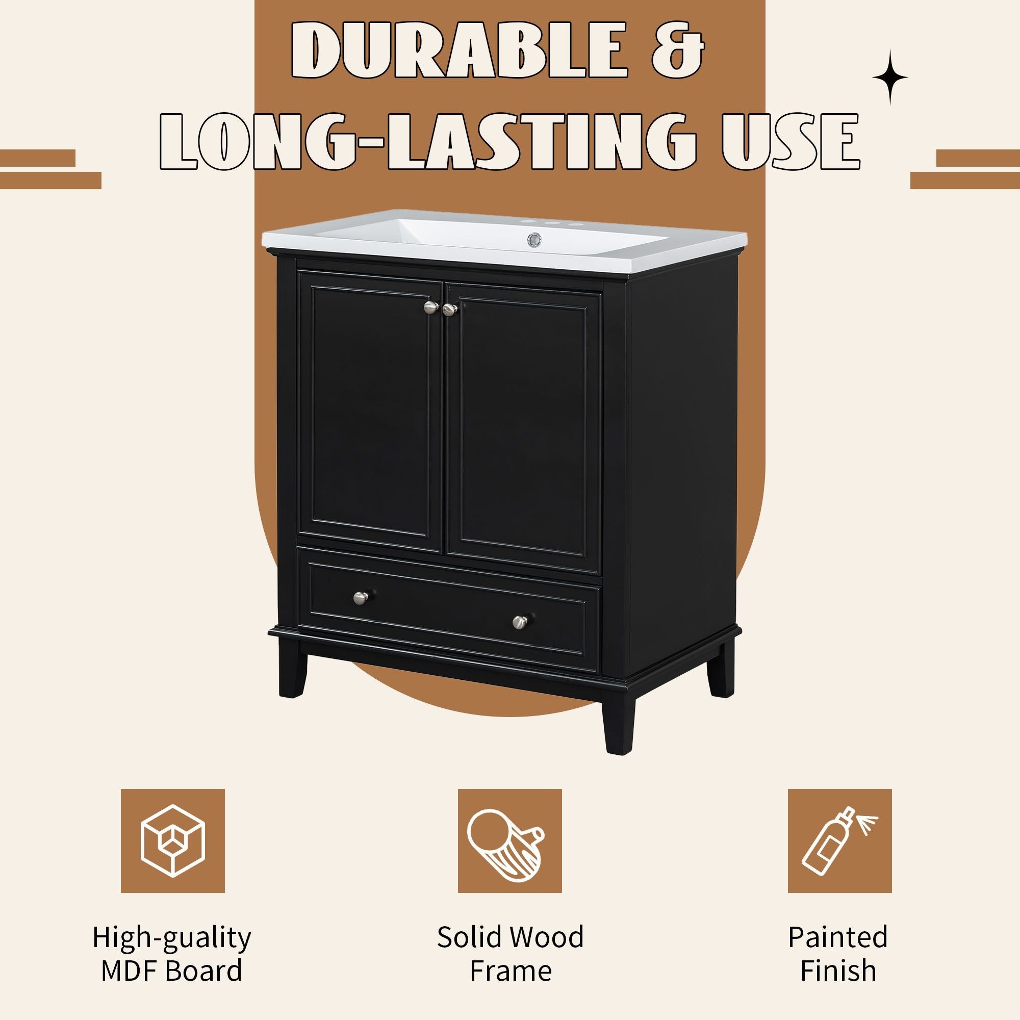 30" Bathroom Vanity with Sink Combo, Multi - functional Bathroom Cabinet with Doors and Drawer, Solid Frame and MDF Board - Comfortable Living Decor