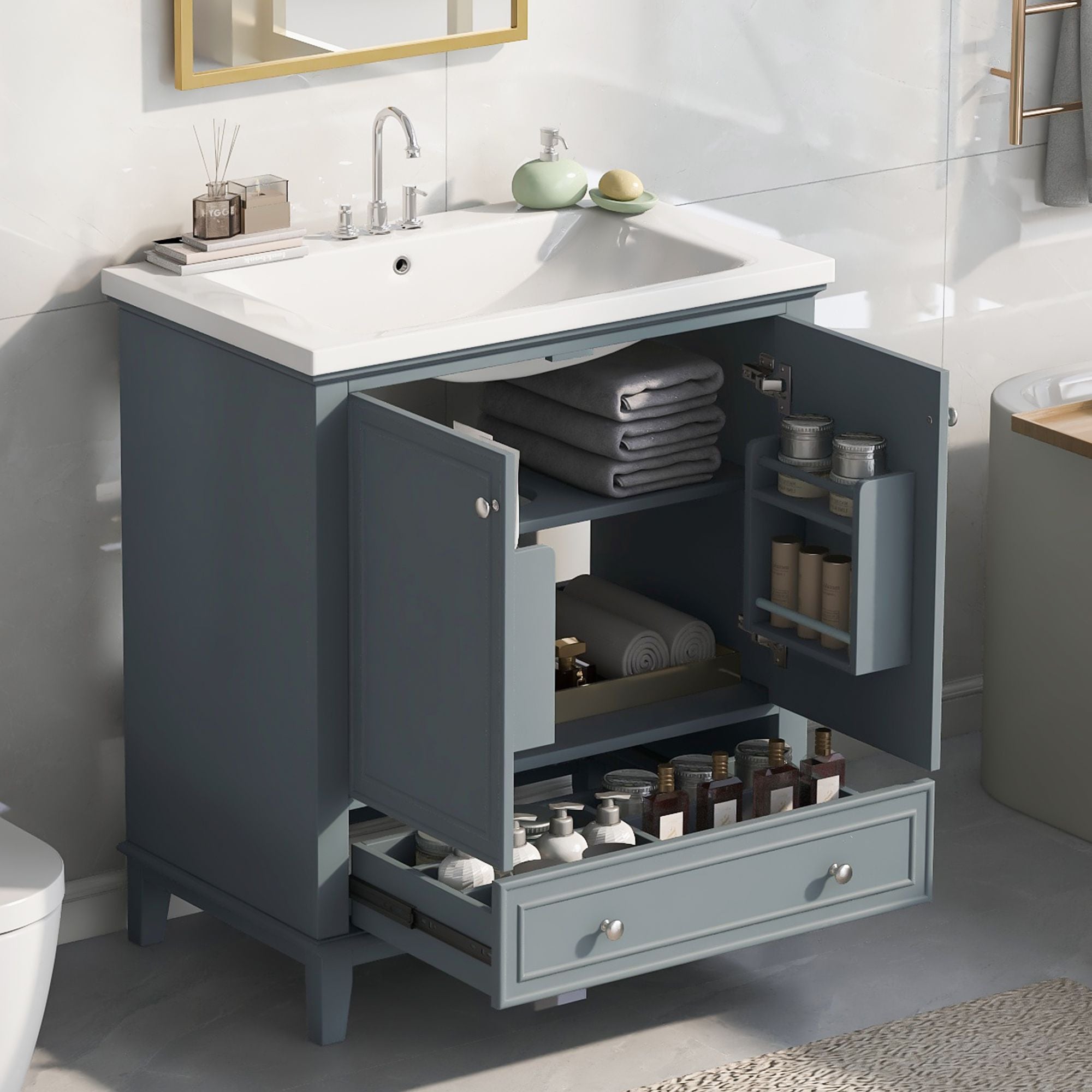 30" Bathroom Vanity with Sink Combo, Multi - functional Bathroom Cabinet with Doors and Drawer, Solid Frame and MDF Board - Comfortable Living Decor