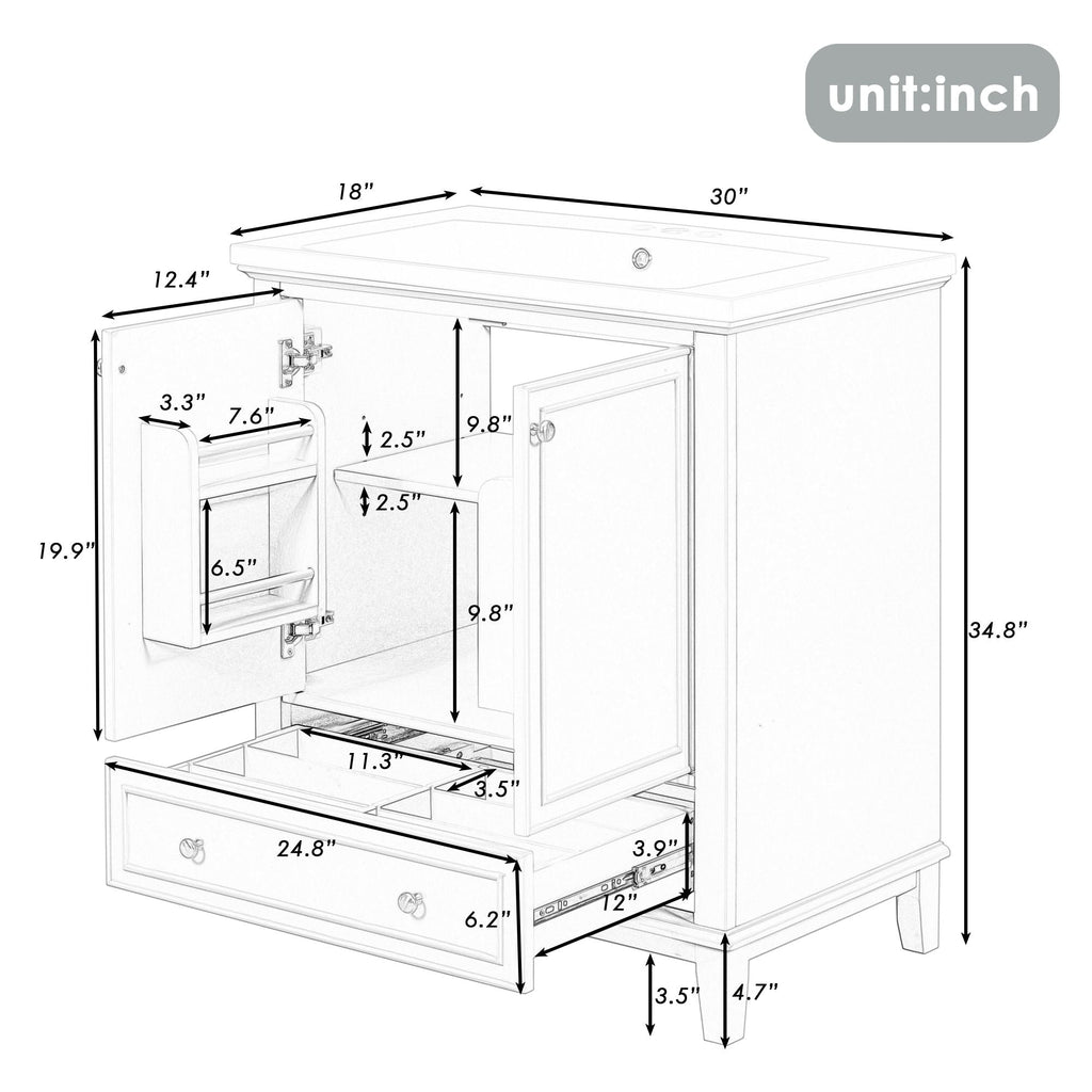30" Bathroom Vanity with Sink Combo, Multi - functional Bathroom Cabinet with Doors and Drawer, Solid Frame and MDF Board - Comfortable Living Decor