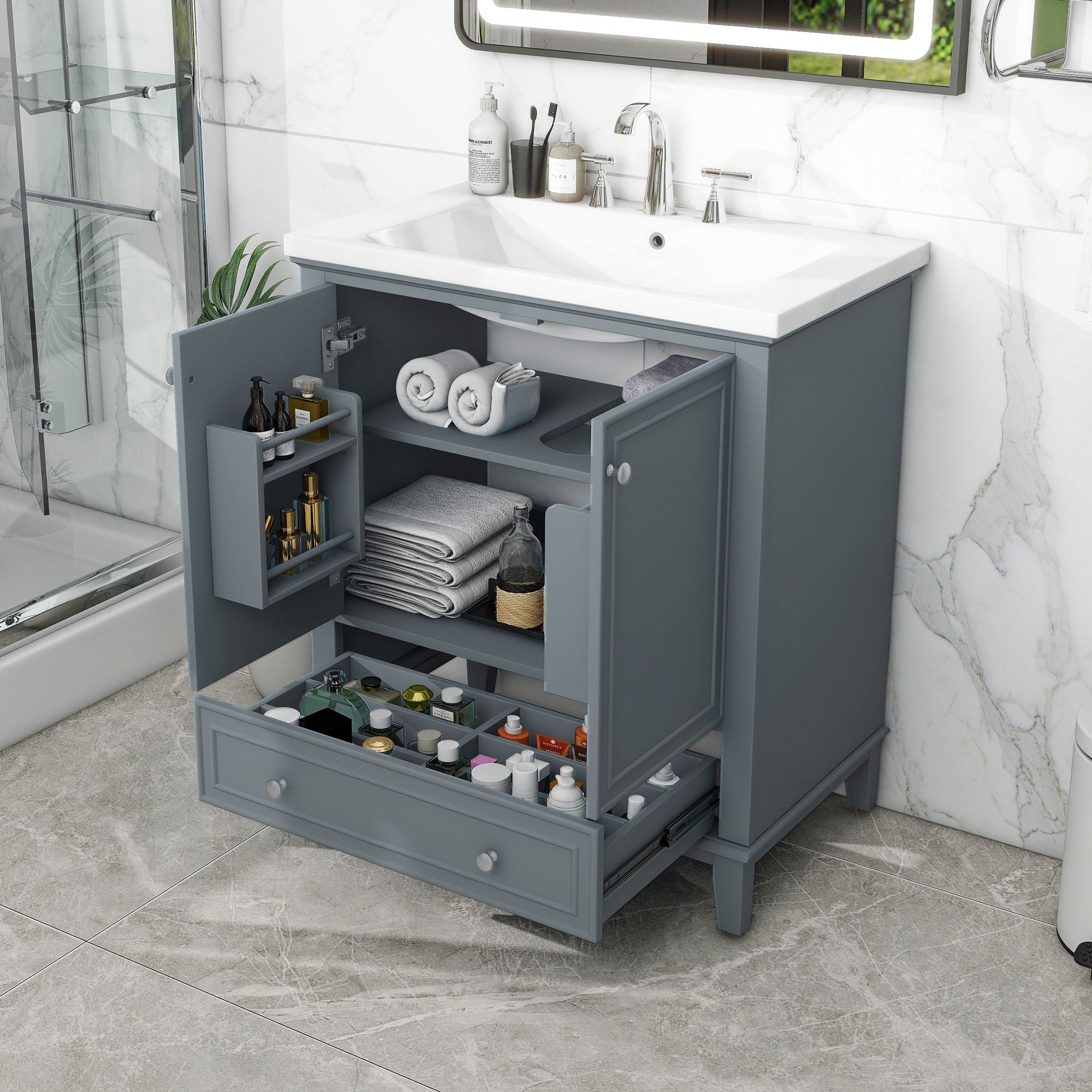 30" Bathroom Vanity with Sink Combo, Multi - functional Bathroom Cabinet with Doors and Drawer, Solid Frame and MDF Board - Comfortable Living Decor