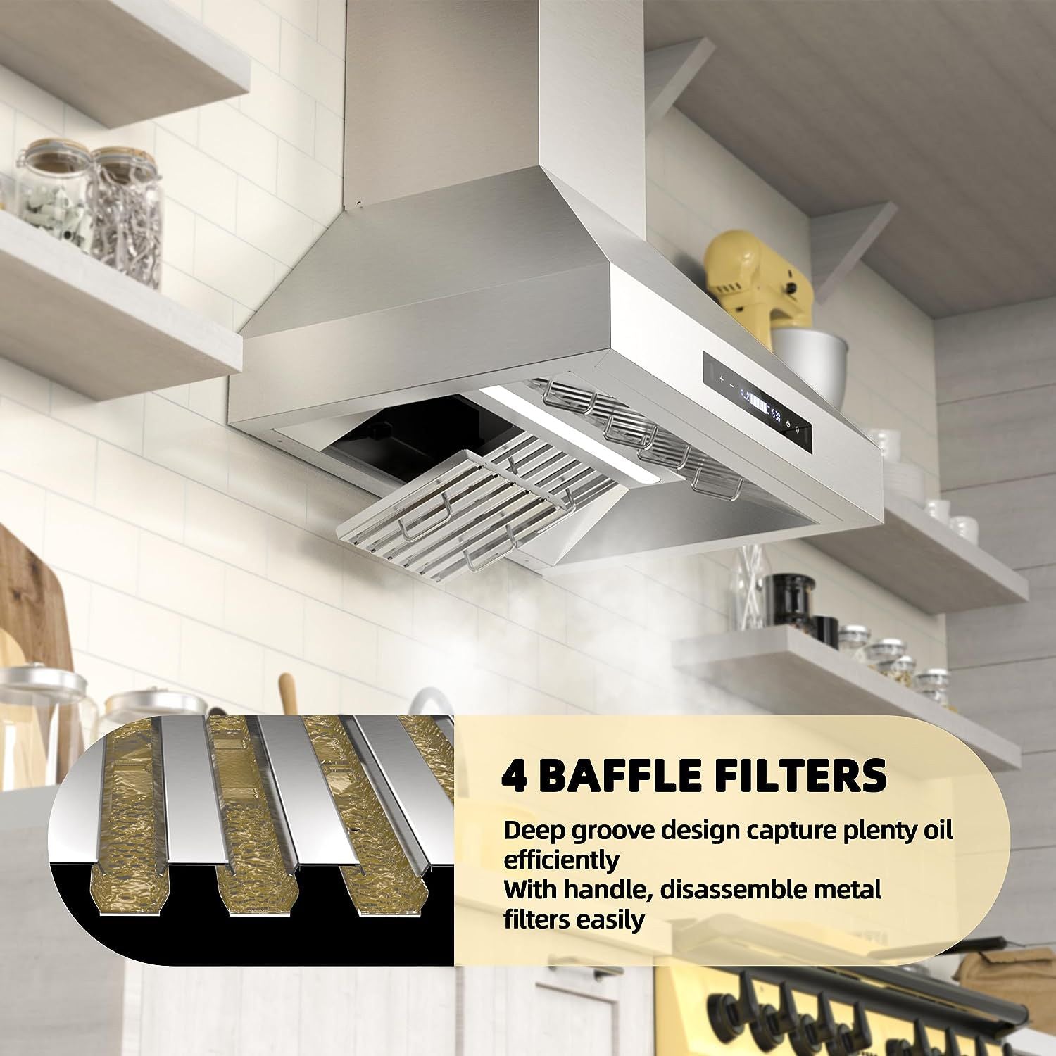 30 inch Range Hood, Wall Mount Kitchen Hood 900 CFM Ducted/Ductless Convertible with Gesture Sensing & Touch Control, Stainless Steel Vent Hood 3 Speed Exhaust Fan, 4 Baffle Filters - Comfortable Living Decor
