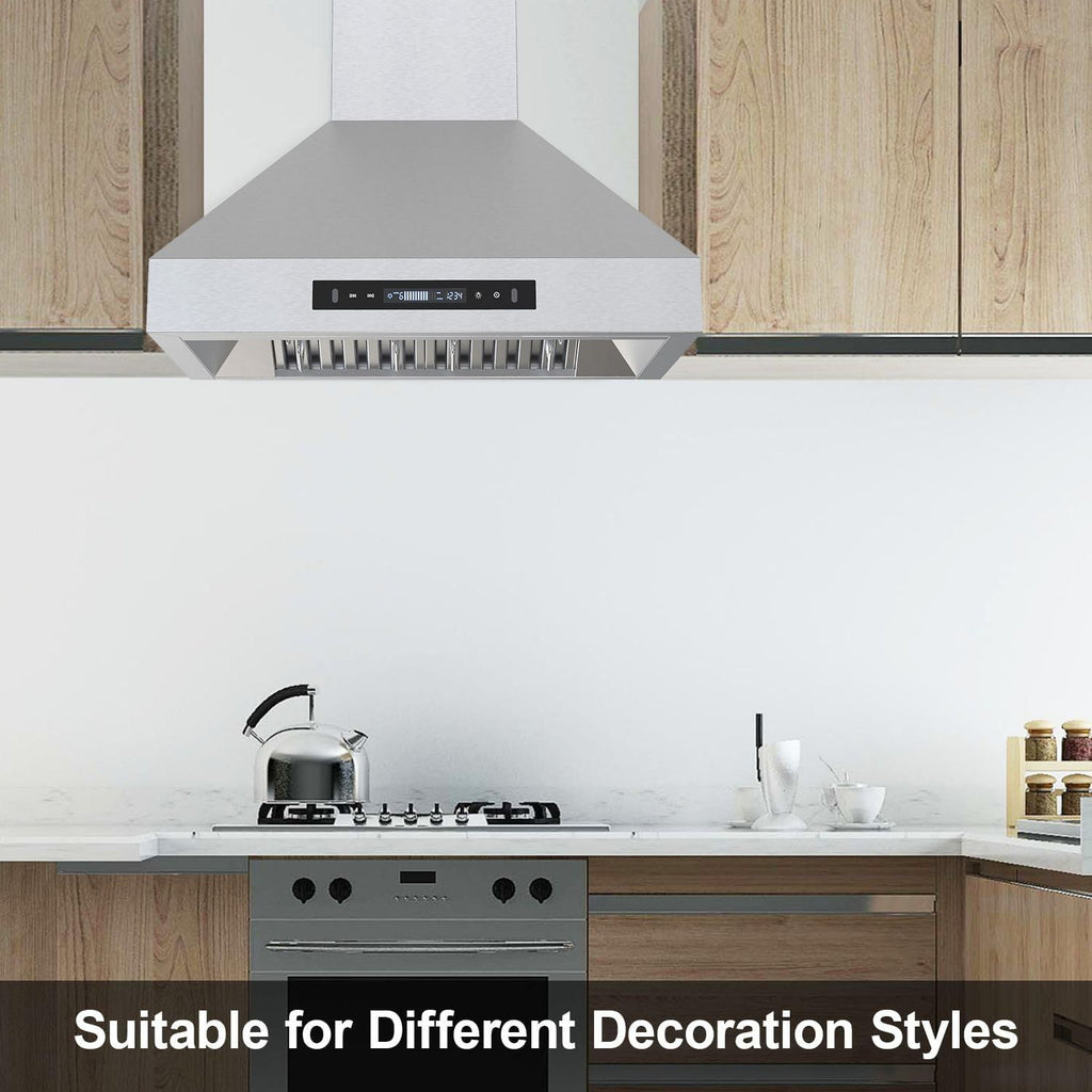 30 inch Range Hood, Wall Mount Kitchen Hood 900 CFM Ducted/Ductless Convertible with Gesture Sensing & Touch Control, Stainless Steel Vent Hood 3 Speed Exhaust Fan, 4 Baffle Filters - Comfortable Living Decor