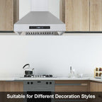 30 inch Range Hood, Wall Mount Kitchen Hood 900 CFM Ducted/Ductless Convertible with Gesture Sensing & Touch Control, Stainless Steel Vent Hood 3 Speed Exhaust Fan, 4 Baffle Filters - Comfortable Living Decor
