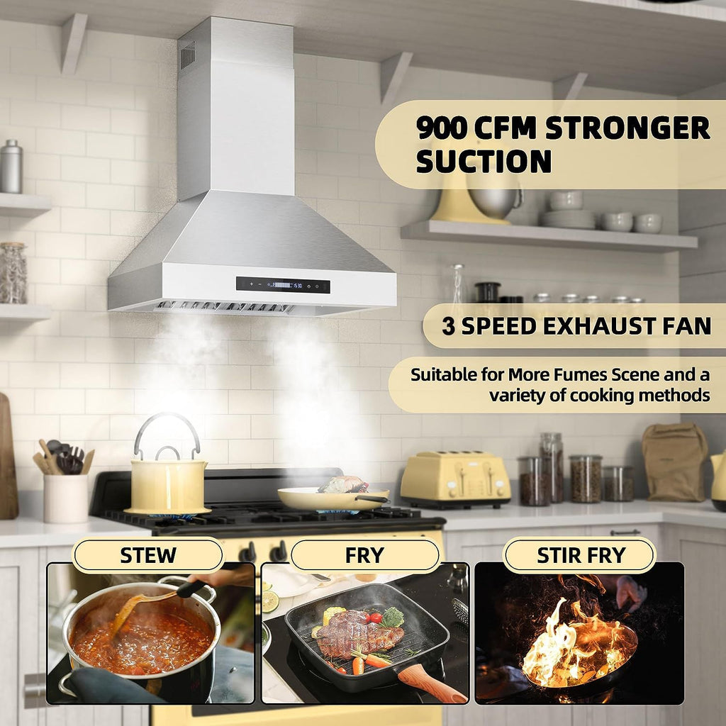 30 inch Range Hood, Wall Mount Kitchen Hood 900 CFM Ducted/Ductless Convertible with Gesture Sensing & Touch Control, Stainless Steel Vent Hood 3 Speed Exhaust Fan, 4 Baffle Filters - Comfortable Living Decor