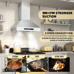 30 inch Range Hood, Wall Mount Kitchen Hood 900 CFM Ducted/Ductless Convertible with Gesture Sensing & Touch Control, Stainless Steel Vent Hood 3 Speed Exhaust Fan, 4 Baffle Filters - Comfortable Living Decor
