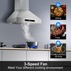 30 inch Range Hood, Wall Mount Kitchen Hood 900 CFM Ducted/Ductless Convertible with Gesture Sensing & Touch Control, Stainless Steel Vent Hood 3 Speed Exhaust Fan, 4 Baffle Filters - Comfortable Living Decor