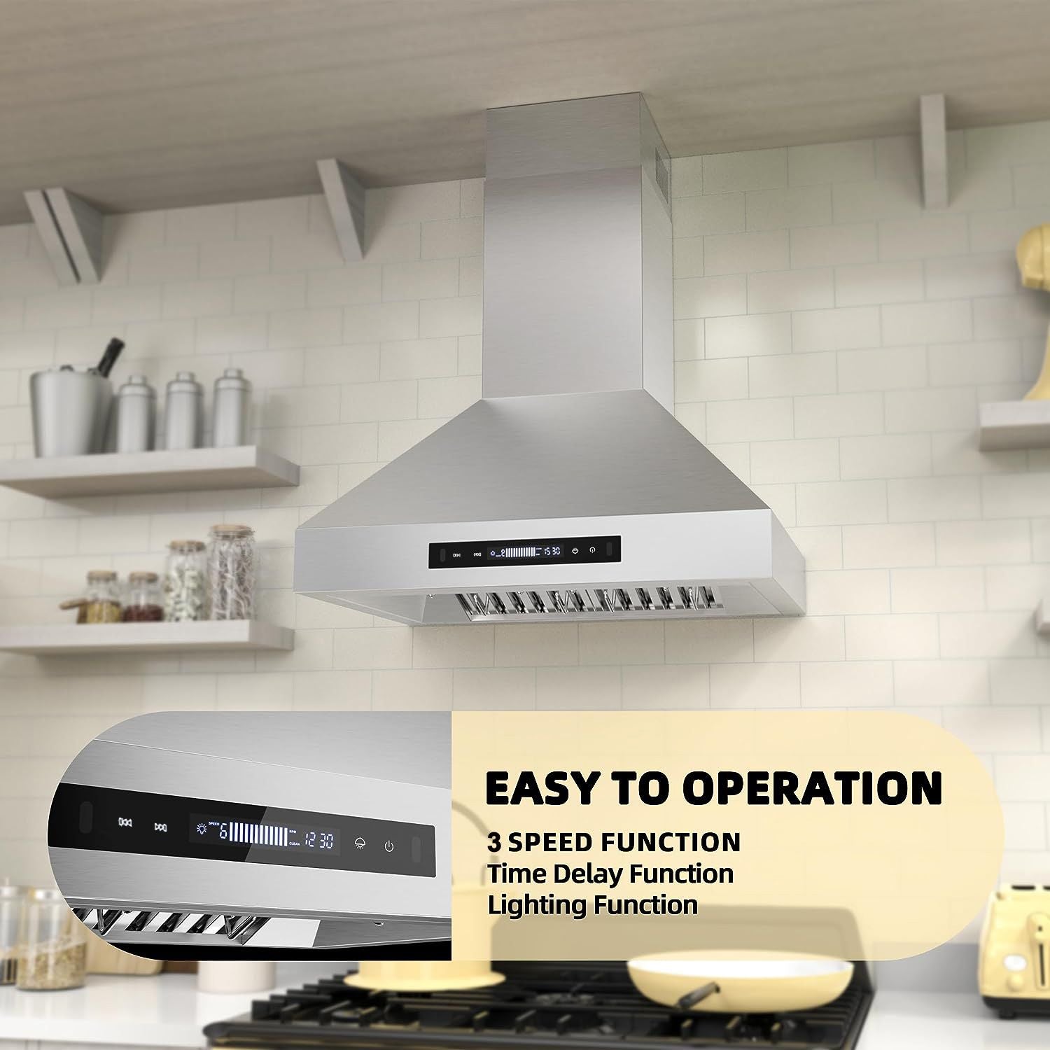 30 inch Range Hood, Wall Mount Kitchen Hood 900 CFM Ducted/Ductless Convertible with Gesture Sensing & Touch Control, Stainless Steel Vent Hood 3 Speed Exhaust Fan, 4 Baffle Filters - Comfortable Living Decor