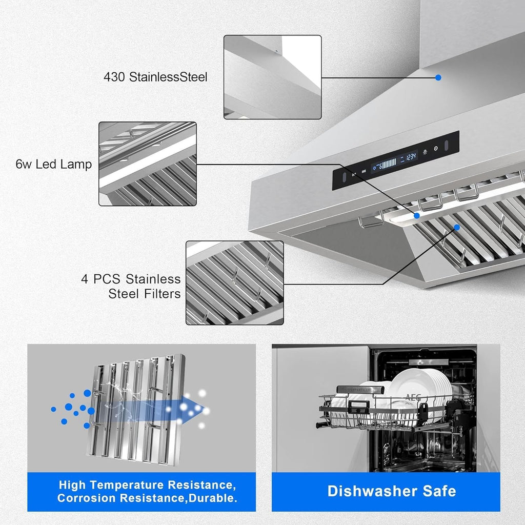 30 inch Range Hood, Wall Mount Kitchen Hood 900 CFM Ducted/Ductless Convertible with Gesture Sensing & Touch Control, Stainless Steel Vent Hood 3 Speed Exhaust Fan, 4 Baffle Filters - Comfortable Living Decor