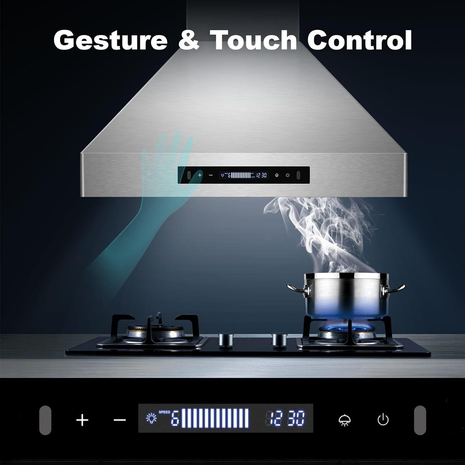 30 inch Range Hood, Wall Mount Kitchen Hood 900 CFM Ducted/Ductless Convertible with Gesture Sensing & Touch Control, Stainless Steel Vent Hood 3 Speed Exhaust Fan, 4 Baffle Filters - Comfortable Living Decor