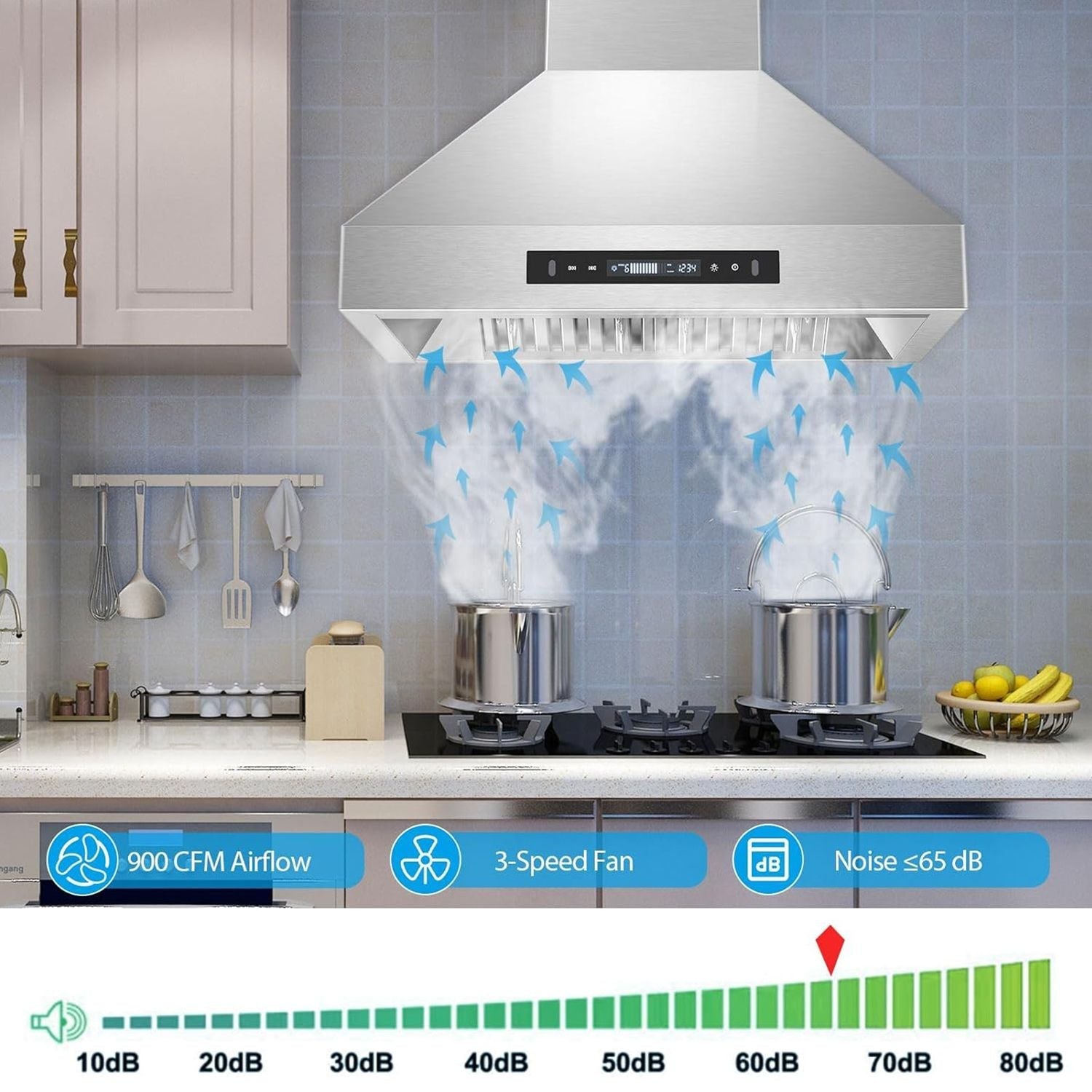30 inch Range Hood, Wall Mount Kitchen Hood 900 CFM Ducted/Ductless Convertible with Gesture Sensing & Touch Control, Stainless Steel Vent Hood 3 Speed Exhaust Fan, 4 Baffle Filters - Comfortable Living Decor