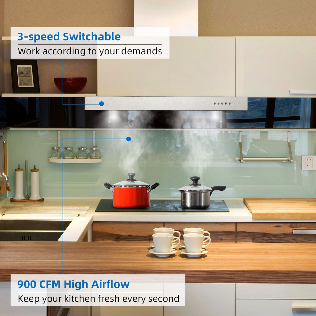 30 - Inch Stainless Steel Wall Mount Range Hood with 900CFM and Grease Baffle Filter - Comfortable Living Decor