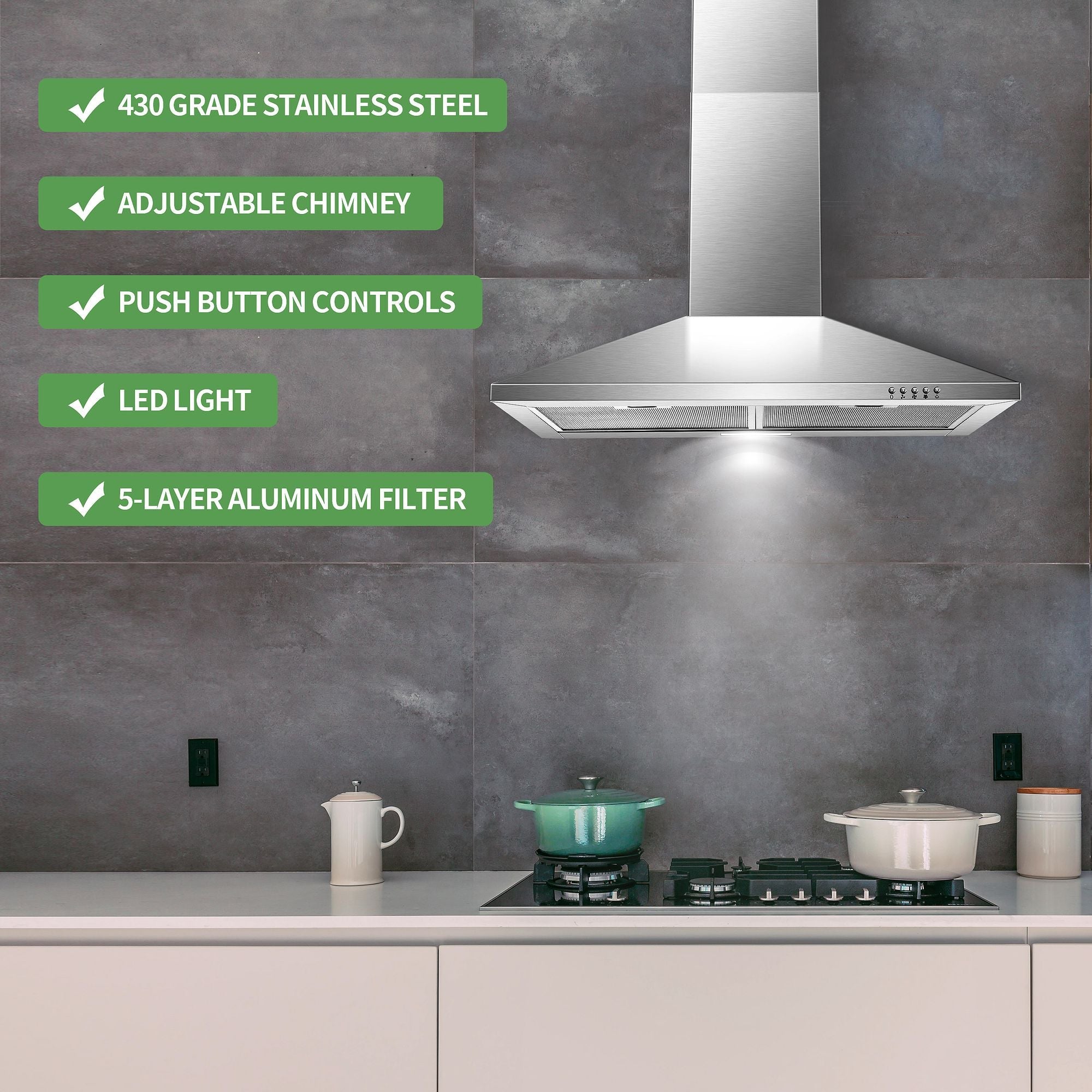 30 - Inch Wall Mount Stainless Steel Range Hood - Convertible Ducted/Ductless with 3 Speed Fan & LED Lighting - Comfortable Living Decor
