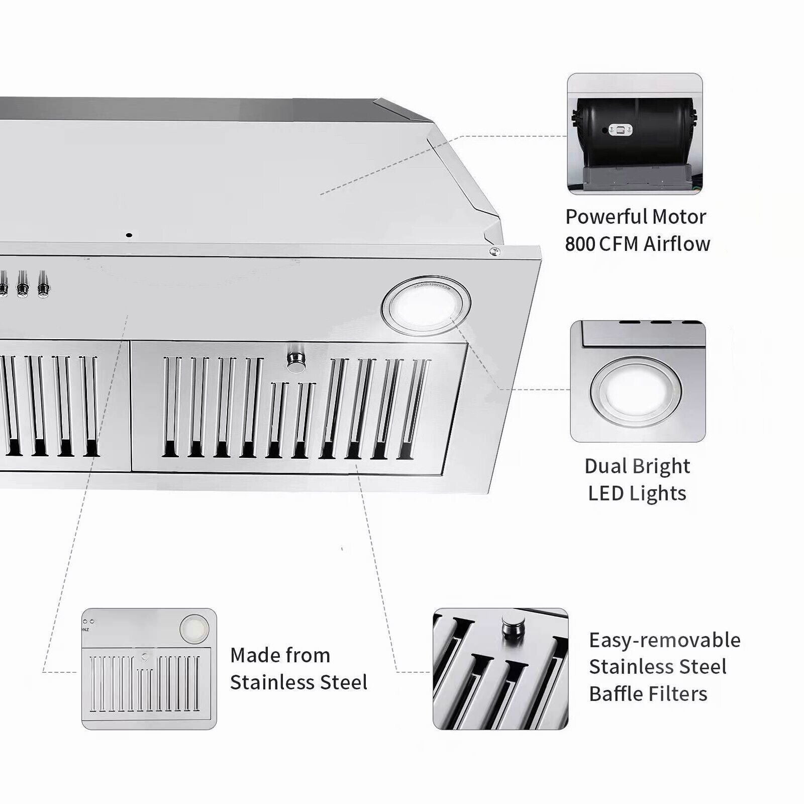 36 inch Built - In/Insert Range Hood 800CFM Kitchen Stove Vent 3 - Speed w/LEDs - Comfortable Living Decor