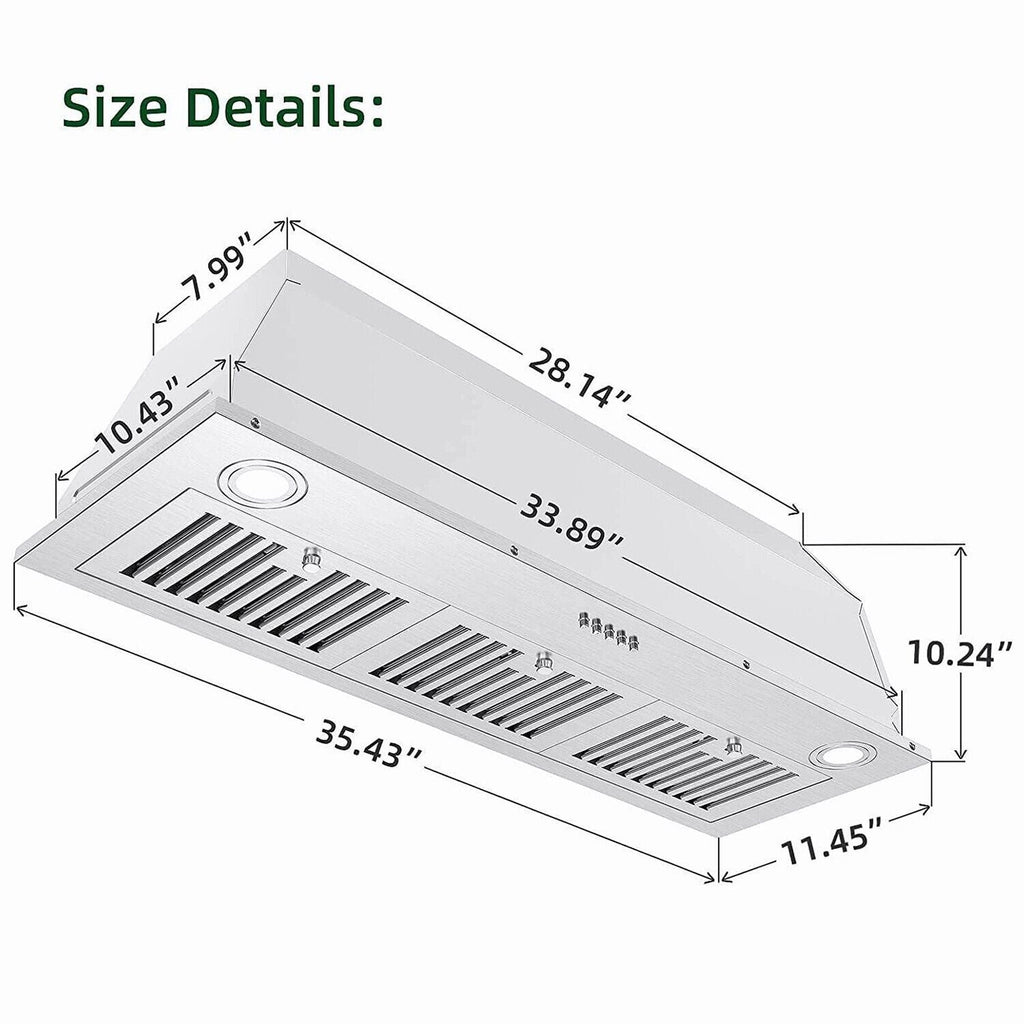36 inch Built - In/Insert Range Hood 800CFM Kitchen Stove Vent 3 - Speed w/LEDs - Comfortable Living Decor