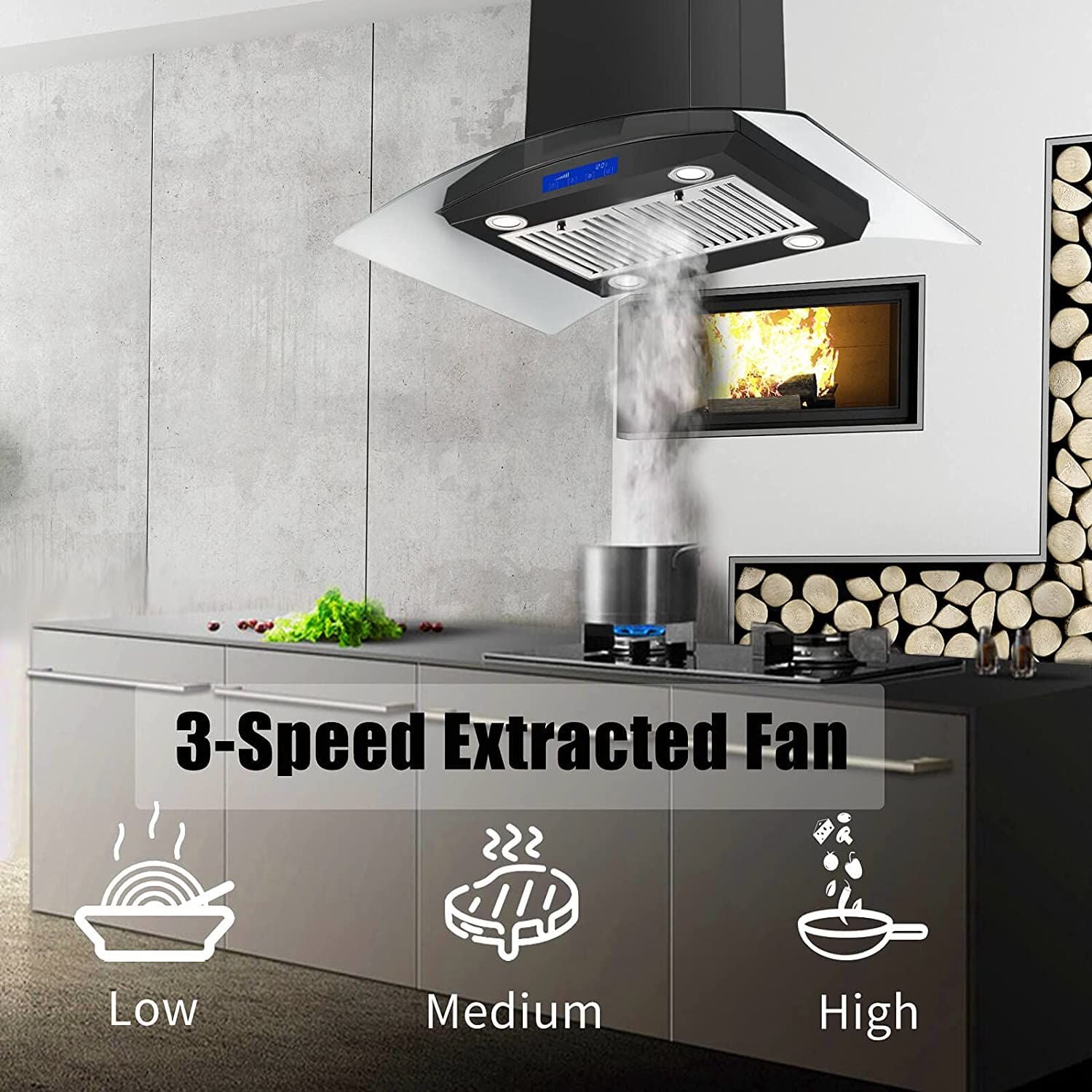 36 inch Stainless Steel Island Mount Range Hood 900CFM Tempered Glass w/LED Lights - Comfortable Living Decor