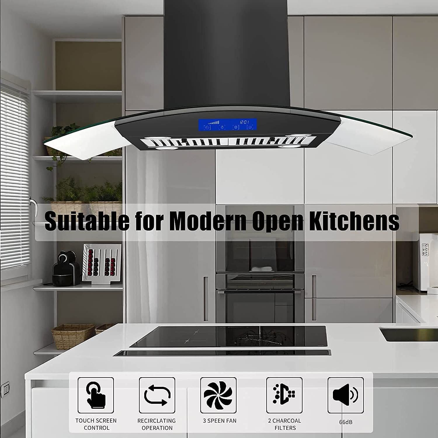36 inch Stainless Steel Island Mount Range Hood 900CFM Tempered Glass w/LED Lights - Comfortable Living Decor