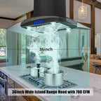 36 inch Stainless Steel Island Mount Range Hood 900CFM Tempered Glass w/LED Lights - Comfortable Living Decor