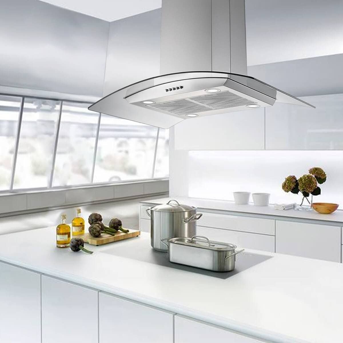 36 inch Stainless Steel Island Mount Range Hood 900CFM Tempered Glass w/LED Lights - Comfortable Living Decor