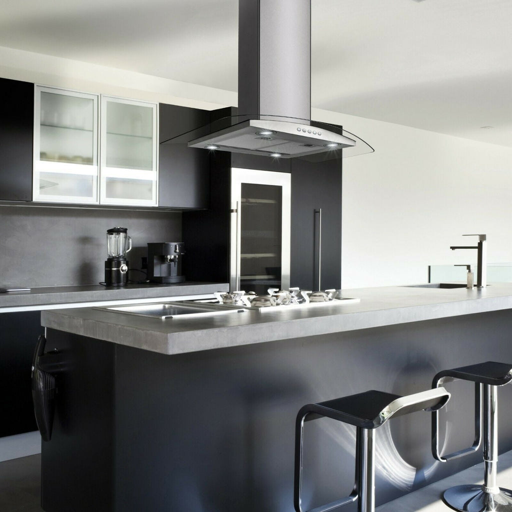 36 inch Stainless Steel Island Mount Range Hood 900CFM Tempered Glass w/LED Lights - Comfortable Living Decor