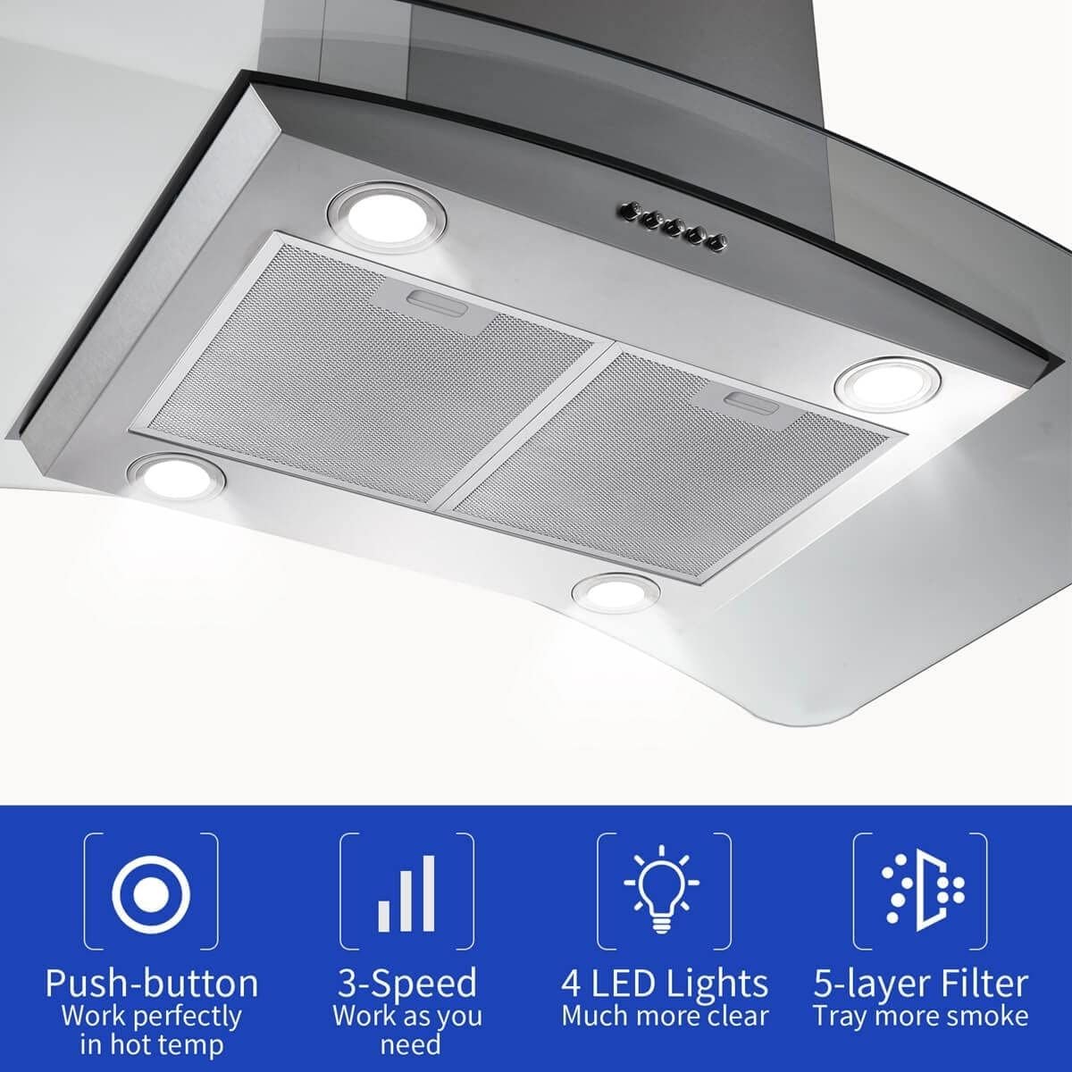 36 inch Stainless Steel Island Mount Range Hood 900CFM Tempered Glass w/LED Lights - Comfortable Living Decor