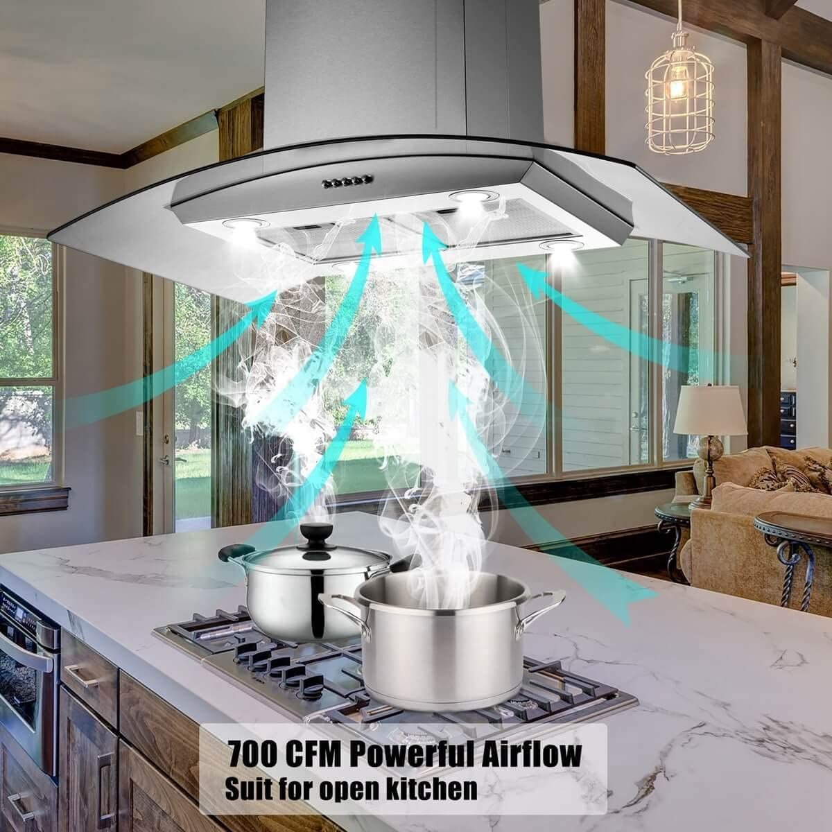 36 inch Stainless Steel Island Mount Range Hood 900CFM Tempered Glass w/LED Lights - Comfortable Living Decor