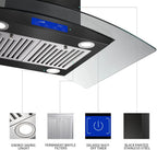 36 inch Stainless Steel Island Mount Range Hood 900CFM Tempered Glass w/LED Lights - Comfortable Living Decor