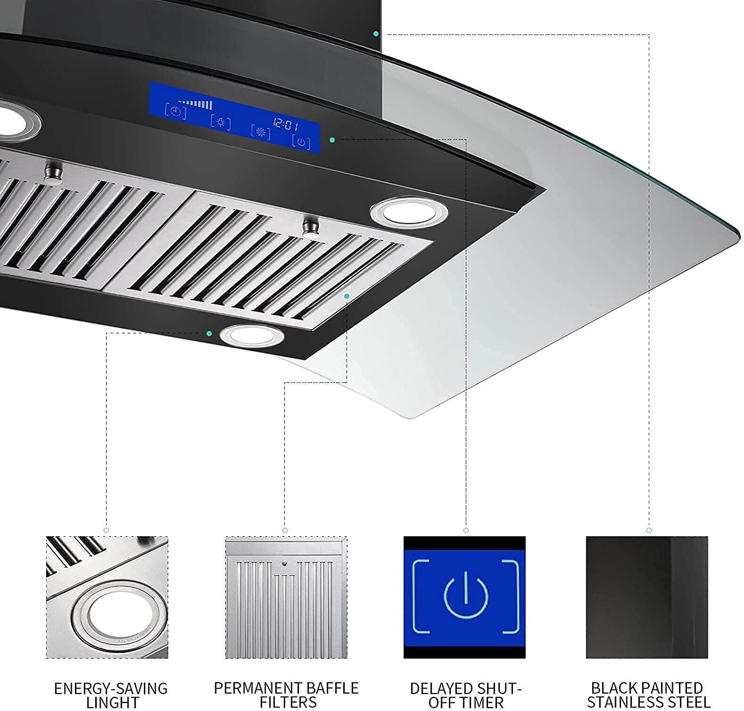 36 inch Stainless Steel Island Mount Range Hood 900CFM Tempered Glass w/LED Lights - Comfortable Living Decor