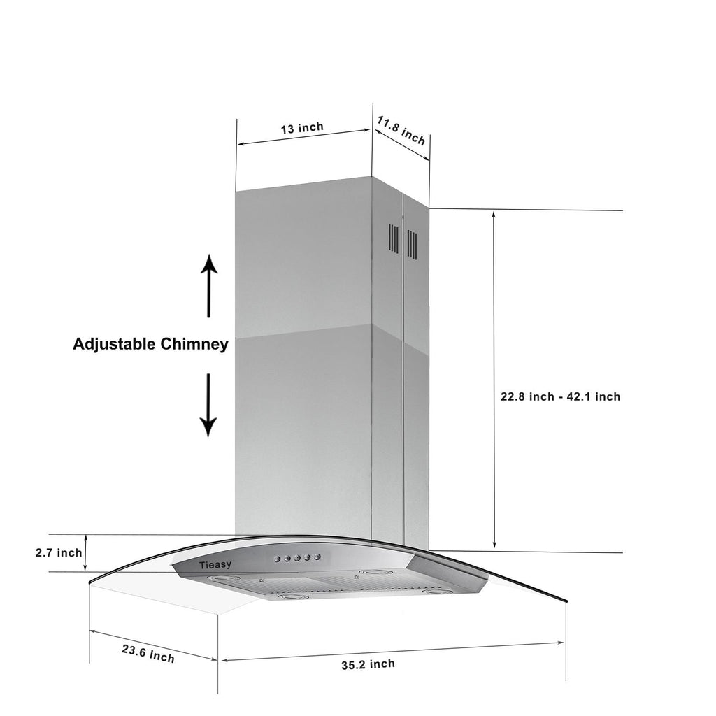 36 inch Stainless Steel Island Mount Range Hood 900CFM Tempered Glass w/LED Lights - Comfortable Living Decor