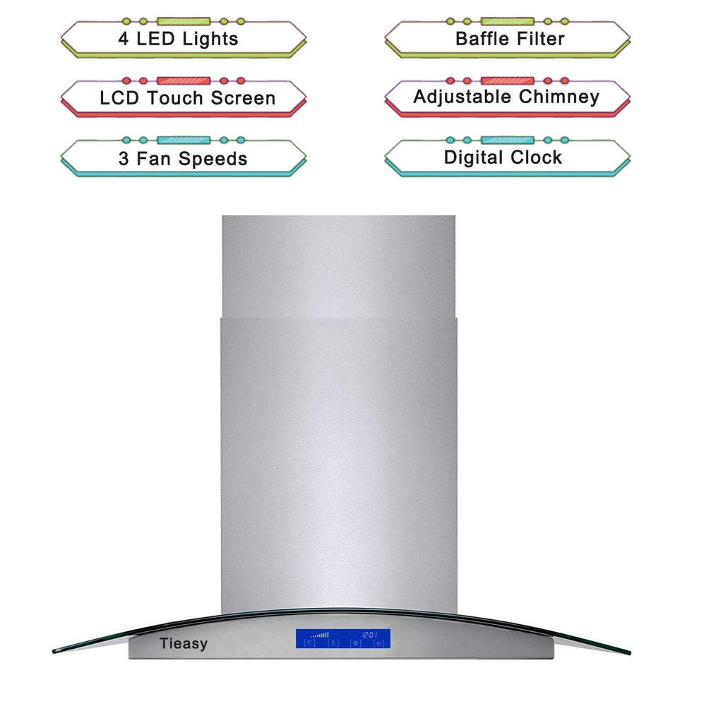 36 inch Stainless Steel Island Mount Range Hood 900CFM Tempered Glass w/LED Lights - Comfortable Living Decor