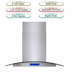 36 inch Stainless Steel Island Mount Range Hood 900CFM Tempered Glass w/LED Lights - Comfortable Living Decor