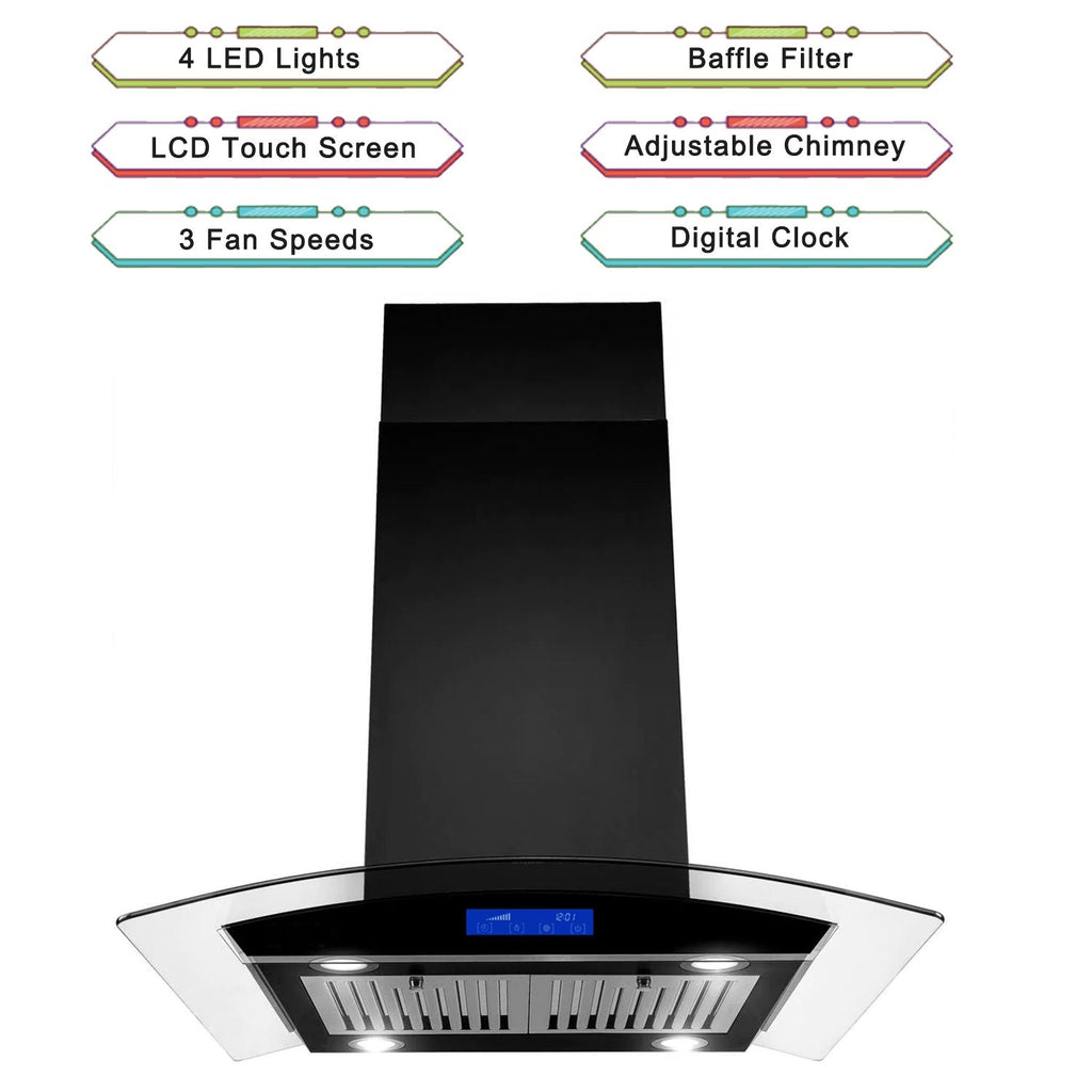 36 inch Stainless Steel Island Mount Range Hood 900CFM Tempered Glass w/LED Lights - Comfortable Living Decor
